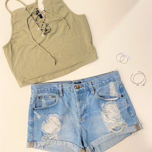 Jean Shorts & green crop top
